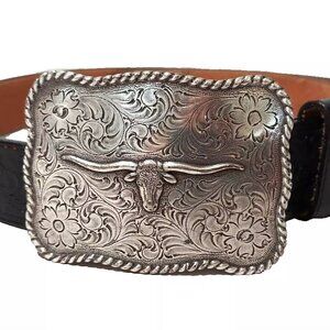 JUSTIN Leather Belt Nocona 3.75" Buckle Longhorn Western Cowboy mens Sz 36 Black